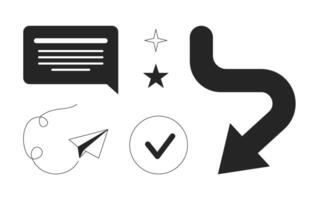 Office digital black and white 2D line objects set. Speech bubble. Paper plane flying. Arrow curved. Checkmark stars isolated clip arts outline items collection. Monochrome spot illustrations vector