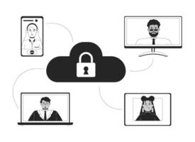 Secure cloud storage black and white 2D illustration concept. Remote workers working together securely outline characters isolated. Online workplace platform security metaphor monochrome art vector