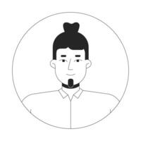 Caucasian bearded man bun black and white 2D avatar illustration. Manbun european guy smiling outline character face isolated. Head and shoulders. Round frame user profile image portrait vector