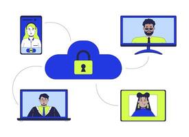 Secure cloud storage 2D illustration concept. Remote workers working together securely cartoon characters isolated on white. Online workplace platform security metaphor abstract flat graphic vector