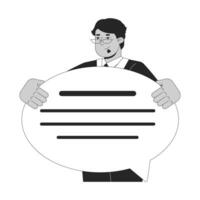 Professional communication skill black and white 2D illustration concept. Business man holding speech bubble outline character isolated. Messaging digital conversation metaphor monochrome art vector