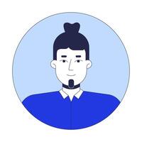 Caucasian bearded man bun 2D linear avatar illustration. Manbun european guy smiling cartoon character face portrait. Head and shoulders. Round frame flat user profile color image isolated vector