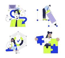 Innovative business people diverse 2D illustration concepts set. Successful entrepreneurs cartoon characters isolated on white. Corporate transformation metaphors abstract flat collection vector
