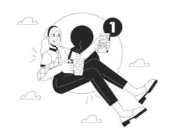 One new message notification black and white 2D illustration concept. Coffee break business woman scrolling feed phone outline character isolated. Social media manager metaphor monochrome art vector