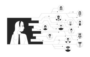 Digital transformation company black and white 2D illustration concept. Leader employees. Corporate networking circuit lines outline character isolated. Digital business metaphor monochrome art vector