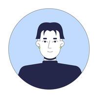 Middle part haircut korean man with stud earrings 2D linear avatar illustration. Asian hairstyle guy turtleneck cartoon character face portrait. Round frame flat user profile image isolated vector