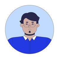 Middle aged arab man wearing eyeglasses 2D linear avatar illustration. Middle eastern guy soul patch beard cartoon character face portrait. Round frame flat user profile color image isolated vector