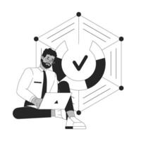 Digital business statistics black and white 2D illustration concept. Stats businessman typing laptop against pie chart circle grid outline character isolated. Reporting metaphor monochrome art vector
