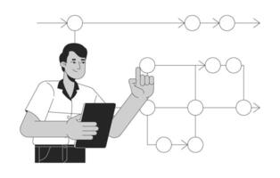 Backend developer roadmap black and white 2D illustration concept. Programmer analyst indian man with clipboard outline character isolated. Software engineering scheme metaphor monochrome art vector