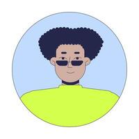 Curly hispanic hair man with sunglasses 2D linear avatar illustration. Latino guy glasses cartoon character face portrait. Head and shoulders. Round frame flat user profile color image isolated vector