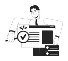 Tester searching bug in software black and white 2D illustration concept. Developer engineer holding magnifying glass outline character isolated. Syntax code assessment metaphor monochrome art vector
