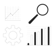 Business data analytics black and white 2D line objects set. Magnifying glass, cog gear. Analysis graph chart isolated clip arts outline items collection. Monochrome spot illustrations vector