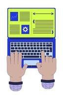 Split screen on laptop for programmer productivity 2D illustration concept. Software developer multitasking on notebook cartoon hands isolated on white. Coding metaphor abstract flat graphic vector
