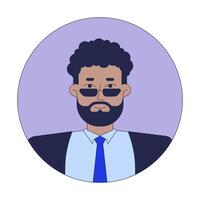 African american businessman 2D linear avatar illustration. Black man bearded sunglasses cartoon character face portrait. Head and shoulders. Round frame flat user profile color image isolated vector
