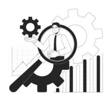 Digital business analytics black and white 2D illustration concept. Cogs charts. Accounting analyst magnifying glass outline character isolated. Competitor analysis metaphor monochrome art vector