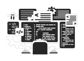 Software developer black and white 2D illustration concept. Caucasian man programmer typing keyboard computer syntax codes outline character isolated. Coding career metaphor monochrome art vector