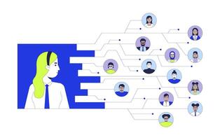 Digital transformation company 2D illustration concept. Leader employees. Corporate networking circuit lines cartoon character isolated on white. Digital business metaphor abstract flat graphic vector