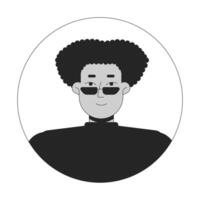 Curly hispanic hair man with sunglasses black and white 2D avatar illustration. Latino guy glasses outline character face isolated. Head and shoulders. Round frame user profile image portrait vector