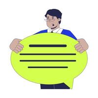 Professional communication skill 2D illustration concept. Business man holding speech bubble cartoon character isolated on white. Messaging digital conversation metaphor abstract flat graphic vector