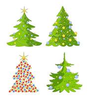 Baubles Christmas trees with stars sparkling 2D cartoon objects set. Pine evergreen coniferous. Christmastree isolated elements flat cliparts on white background. Spot illustrations collection vector