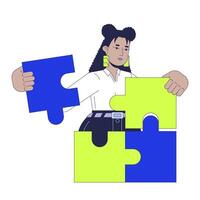 Jigsaw problem solving 2D illustration concept. Strategy puzzles connecting. Latina woman strategist cartoon character isolated on white. Strategic management metaphor abstract flat graphic vector