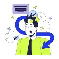 Business ideas generation 2D illustration concept. Brainstorming office worker man shirt tie cartoon character isolated on white. Overload overwhelmed employee metaphor abstract flat graphic vector