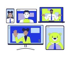Online team meeting diversity 2D illustration concept. Virtual colleagues telework cartoon characters isolated on white. Remote workers conference business metaphor abstract flat graphic vector