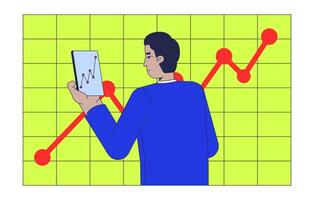 Monitoring sales growth 2D illustration concept. Analysis financial. Businessman checking phone statistics cartoon character isolated on white. Digital business metaphor abstract flat graphic vector