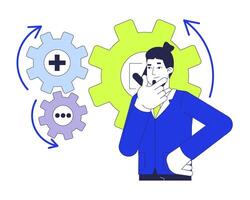 Brainstorming problem solving 2D illustration concept. Gears business analyst rubbing chin cartoon character isolated on white. Project manager critical thinking metaphor abstract flat graphic vector