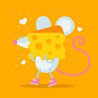 mouse is carrying a piece of cheese on a yellow background vector