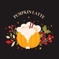 Autumn poster with a pumpkin latte and leaves vector