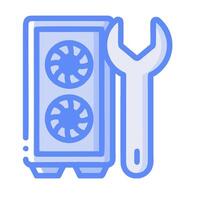 A blue icon of a computer with a wrench vector