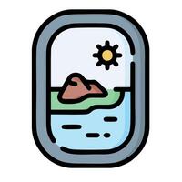A plane window with a view of the ocean and mountains vector