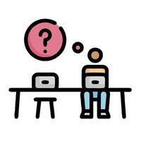 A person sitting at a table with a laptop and a question mark above it vector