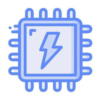 A blue icon of a computer processor with a lightning bolt vector