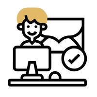 A man sitting at a desk with a computer and a check mark vector