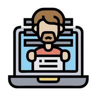 A man is sitting in front of a laptop with a paper in his hand vector