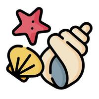 A cartoon shell and starfish are next to a shell vector