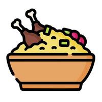 A bowl of rice with chicken and vegetables vector
