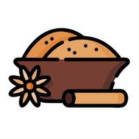 A bowl of bread and cinnamon sticks on a white background vector