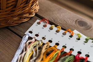 Close-up of cross-stitch supplies laid out on a wooden surface. The colorful threads are neatly arranged on a numbered card, with a few loose threads lying around. photo