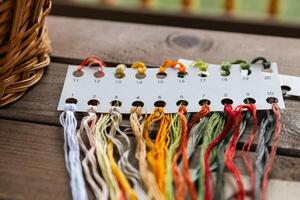 Close-up of cross-stitch supplies laid out on a wooden surface. The colorful threads are neatly arranged on a numbered card, with a few loose threads lying around. photo