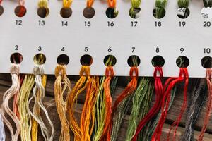 Close-up of cross-stitch supplies laid out on a wooden surface. The colorful threads are neatly arranged on a numbered card, with a few loose threads lying around. photo