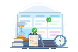 Schedule planning concept. flat illustration banner. Work tasks, filling checklist, making schedule using calendar. To-do list. Business and organization. Flat illustration. vector