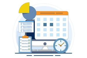 Business planning concept, business team working with online digital calendar. Planning Schedule, Leaving Notes, Managing and Organizing Work and Time. Time management. Flat illustration. vector