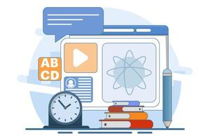 Modern online education concept for website banner. e-learning, internet courses, applied learning, university studies, classroom, tutorials, library on computer. flat illustration. vector