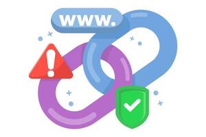 concept of protection from malicious links. unsafe website addresses. dangerous and suspicious url addresses. chain with shield symbol and warning sign. flat illustration. vector