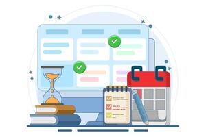 Schedule planning concept. flat illustration banner. Work tasks, filling checklist, making schedule using calendar. To-do list. Business and organization. Flat illustration. vector