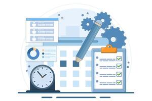 Business planning concept, business team working with online digital calendar. Planning Schedule, Leaving Notes, Managing and Organizing Work and Time. Time management. Flat illustration. vector