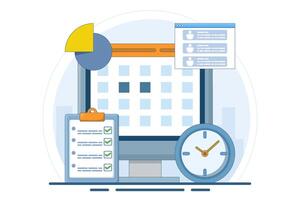 Business planning concept, business team working with online digital calendar. Planning Schedule, Leaving Notes, Managing and Organizing Work and Time. Time management. Flat illustration. vector